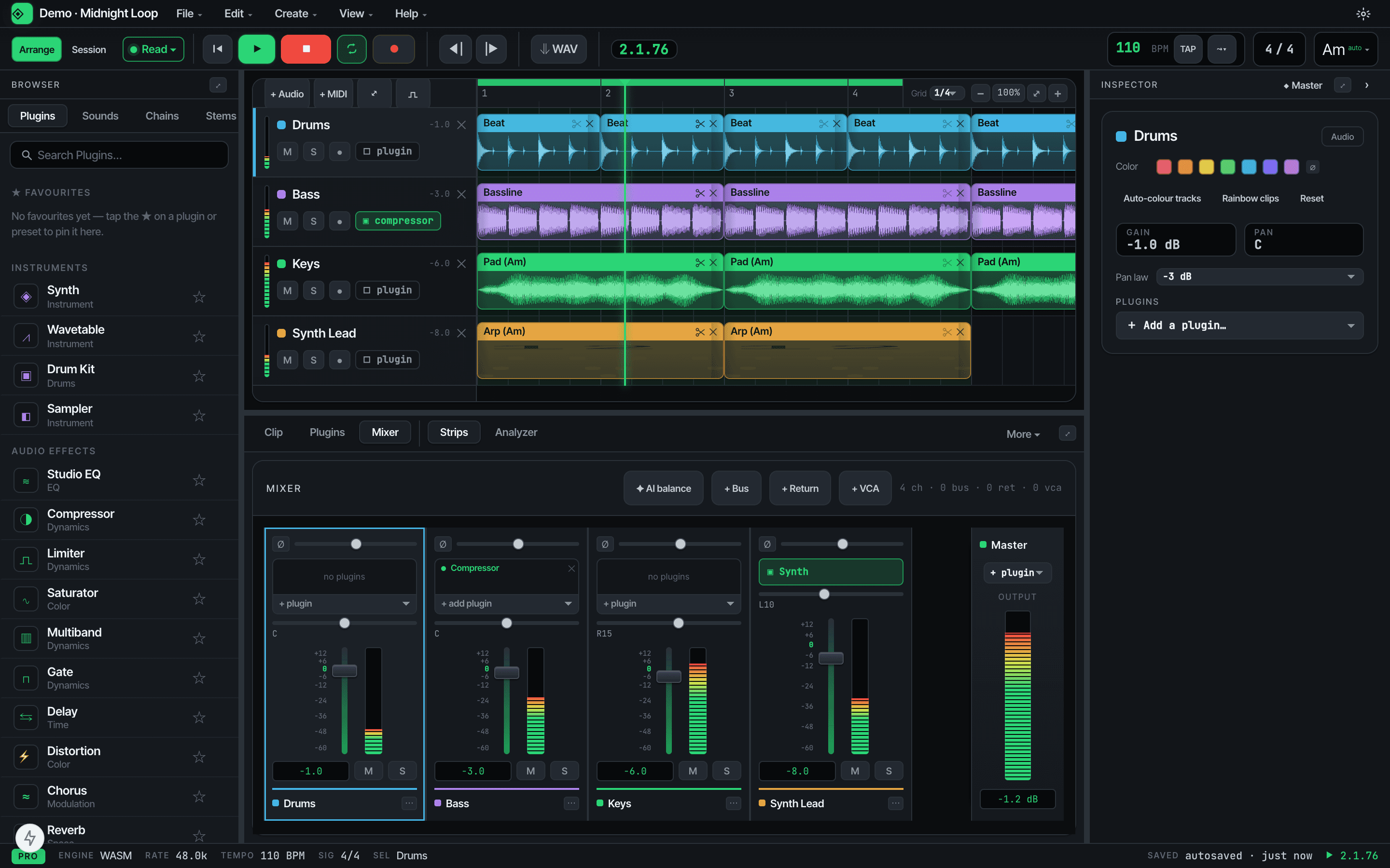 The Soundflow studio mid-playback: the demo project Midnight Loop with drum, bass, keys and synth clips on the timeline, the play-head running, an inspector, and the mixer metering every channel.