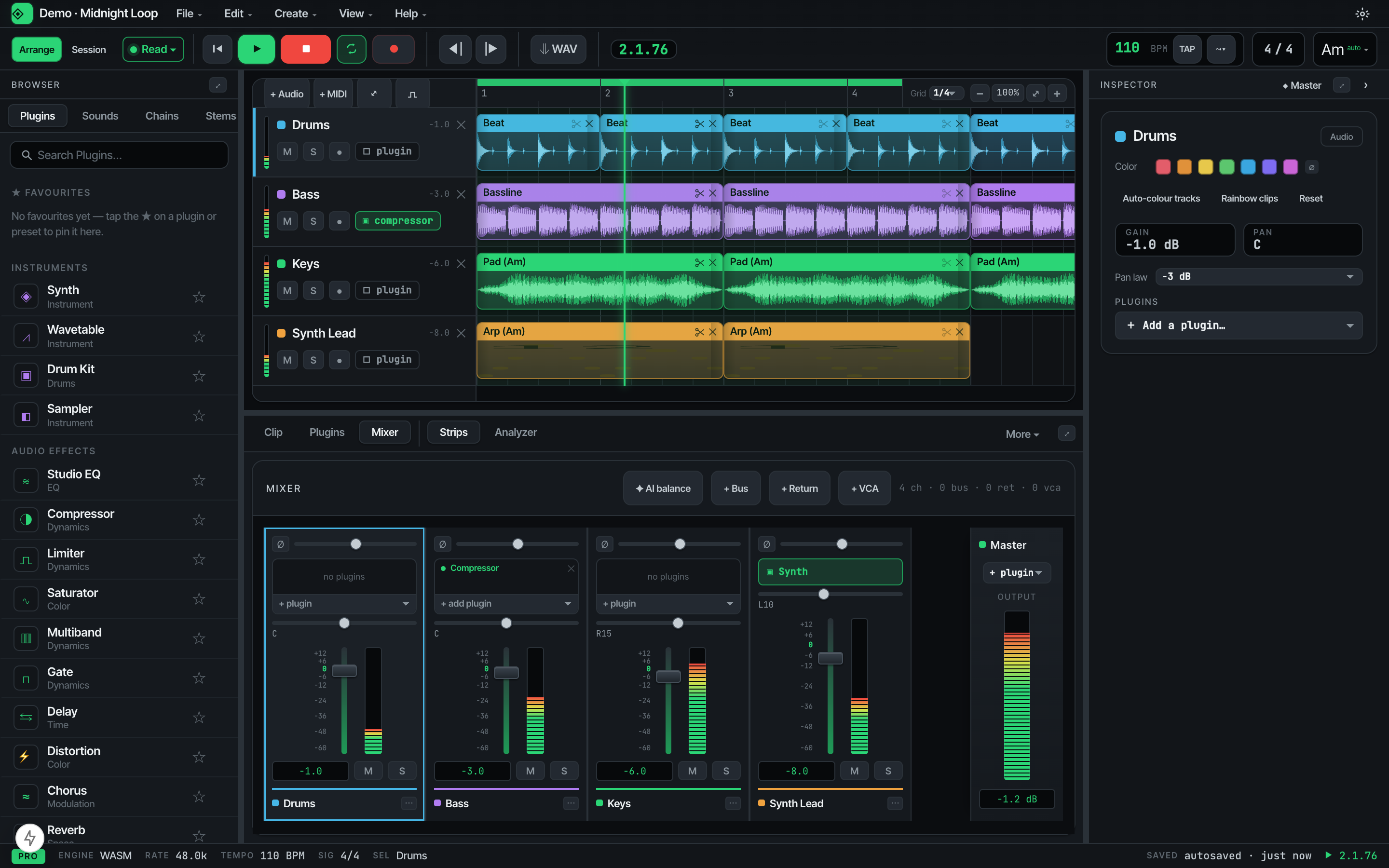 The Soundflow studio mid-playback: the demo project Midnight Loop with drum, bass, keys and synth clips on the timeline, the play-head running, an inspector, and the mixer metering every channel.